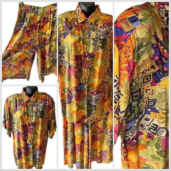 VTG 80s Cotton Castle Two Piece Gaucho Pants Short Sleeve Button Top Women’s L - Picture 1 of 16